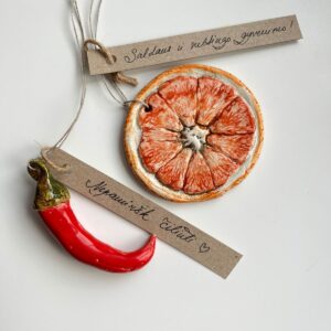 Keramikinių eglutės žaisliukų rinkinys Čili ir Apelsinas