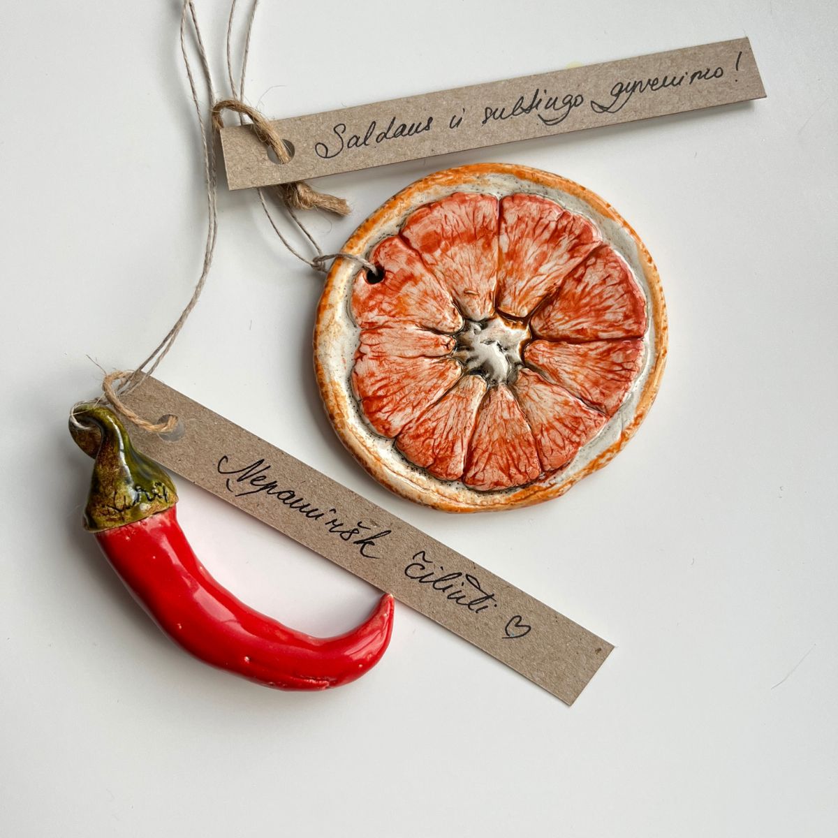 Keramikinių eglutės žaisliukų rinkinys Čili ir Apelsinas